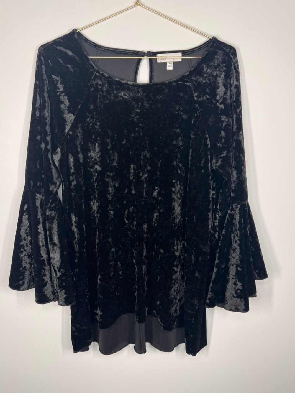 Neiman Marcus Black Velvet Bell Sleeve High Low Hem Witchy Boho Blouse Medium
